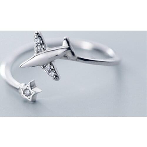 925 Sterling Silver Zircon Airplane Charm Finger Ring For Women Girls Retro Opening Party Jewelry Accessories jz343