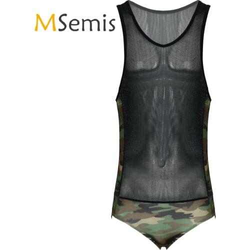 Mens Lingerie Shiny See-through Sleeveless Bodysuit Stretchy Camouflage Print Patchwork Leotard Nightwear Stage Show Clubwear