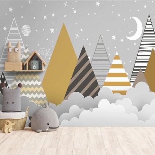 Custom Mural Wallpaper Nordic Hand-painted 3D Geometric Mountain Peaks Woods Simple Clouds Childrens Room Background Wall Paper
