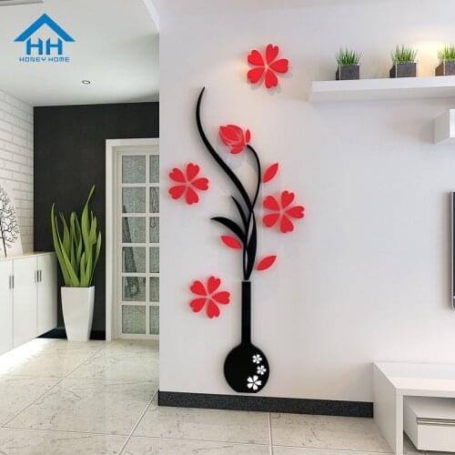 Real 3D Acrylic Flower in Vase Wall Stickers for Living Room TV Background Eco-friendly Wallpaper Crystal Wall Decals 39 x 100cm