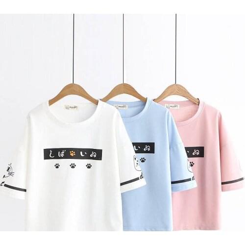 New Harajuku Japanese womens short-sleeved T-shirt female summer Korean version of the loose cute cat student bf Harajuku style