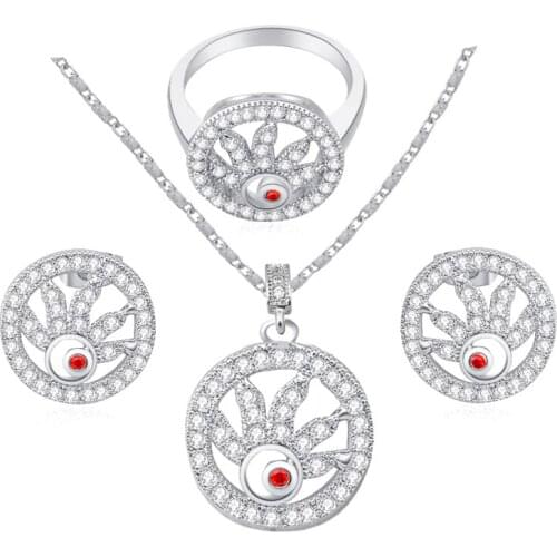 ROLILASON Top quality Silver plated Necklaces Pendants Earring Sets jewelry Zircon Fashion jewelry Ring sz #6 #7 #8 JS549