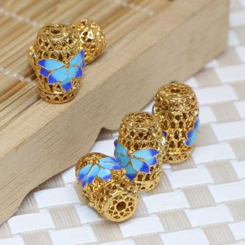 Charms carved blue flower gold-color cloisonne beads barrel rice shape accessories spacers 10*15mm 5pcs jewelry making B2385