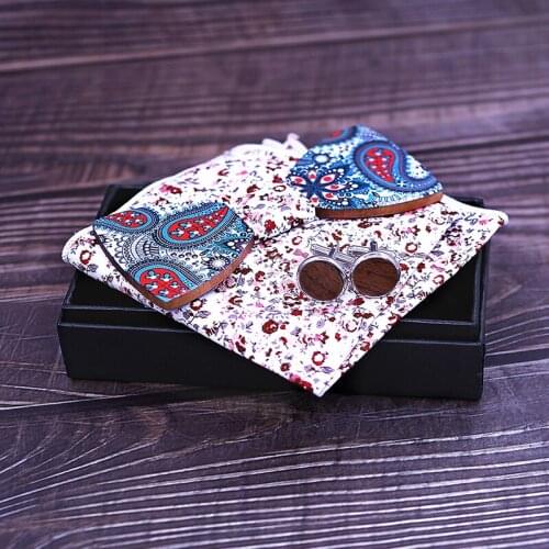 Dropshipping unisex handmade bowtie vogue luxury cufflinks square scarf colorful print eco wooden bow tie set with package