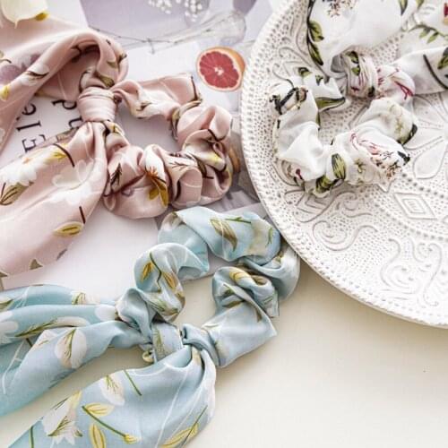 DIY Floral Print Bow Satin Long Ribbon Ponytail Scarf Hair Tie Scrunchies Women Girls Elastic Hair Bands Hair Accessories Casual