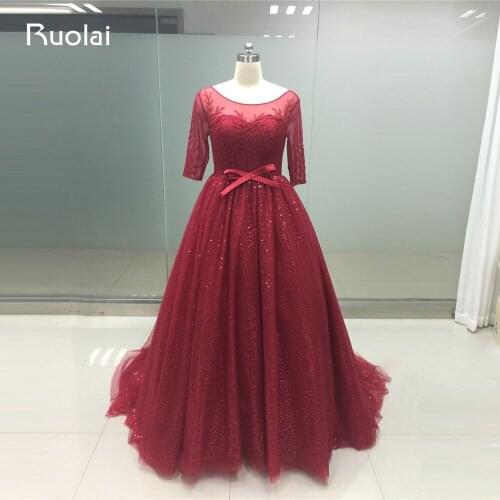 2019 Luxury Beaded Dubai Half Sleeves Ball Gown Burgundy Evening Dresses Tulle Plus Size Prom Dress Vestido de Festa PD28