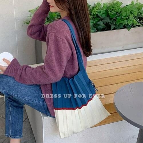 Wool Knitting Pleated Bags Patchwork Drawstring Shopping Bags Girls Casual Large Shoulder Bag Korean Japanese Chic Small Handbag