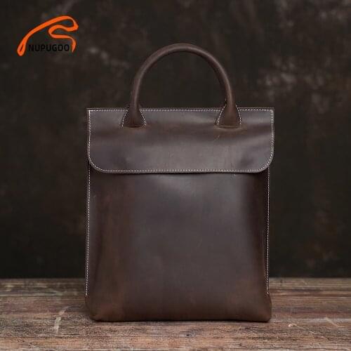 NUPUGOO Vintage Mens Briefcase Genuine Leather Casual Handbag Business Tote Bag Shoulder Office worker Bags For 12.9 Inch Ipad