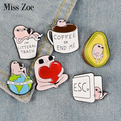 Fun Idea Pink Enamel Pins Earth Coffee Avocado Badges Custom Brooches Cartoon Comics Bag Clothes Lapel Pin Humor Jewelry Gift
