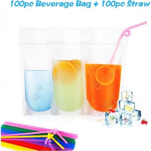 200pcs 500ML Hot Drink Cold Drink Bag Food Fresh Keeping Transparent Zipper Bag And Straw Sets High Quality Party Drink Cup