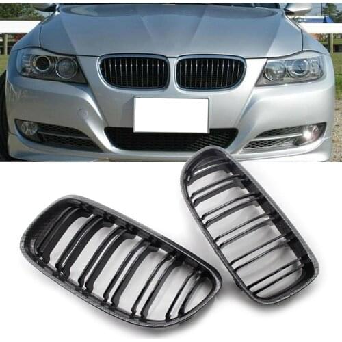 2x Carbon Fiber Black Double Slat Car Front Kidney Grille For BMW E90 E91 2009 2010 2011 2012 3 Series 325i 328i 335d 335 i