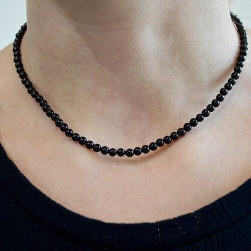 4mm Natural Onyx Beads Necklaces Polished Black Stone Necklaces Women Men Trendy Choker Classic Jewelry Gift Dropshipping 16in