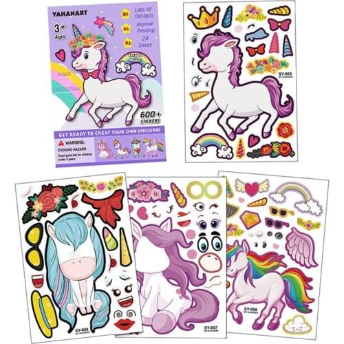 4pcs Puzzle Games Kids DIY Sticker Make-a-face Self-stick Cute Unicorn Assemble Puzzle Sticker Children Creativity Education Toy