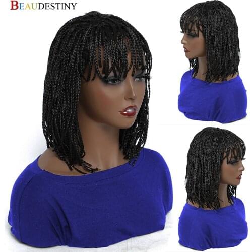 Beaudestiny Short Woman Wig Synthetic Braiding Hair Box Braid Wig With Bangs Short Black Wigs Synthetic Hair Braided Bob Wigs