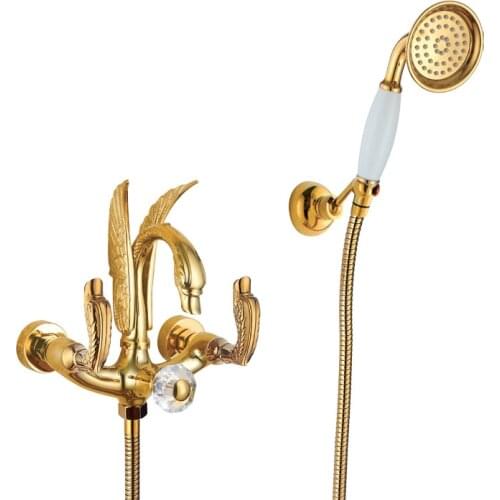 Free shipping WALL MOUNTED gold clour SWAN handles swan bath shower faucet with handshower