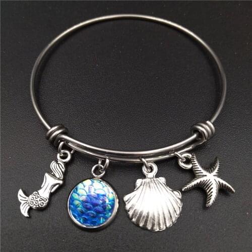 Stainless Steel Expandable Wire Bangle Beach Sea Mermaid Charm Bracelet DIY Handmade Jewelry Gift for Girls and Women