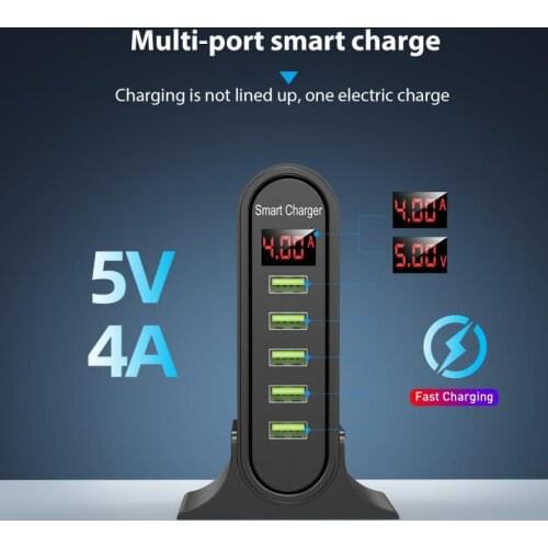 48W 5V / 2.4A Fast Charging 5-port USB Mobile Phone Charger Travel Smart LED Digital Display Charger With Stand Support