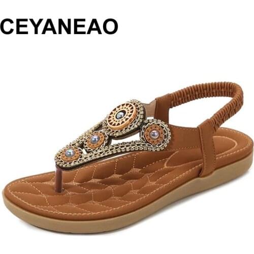 CEYANEAO Bohemian Summer Shoes Sweet Womens Flowers Flat Sandals High Quality Rhinestones Casual Flats Plus Size 35-42 Sandalias