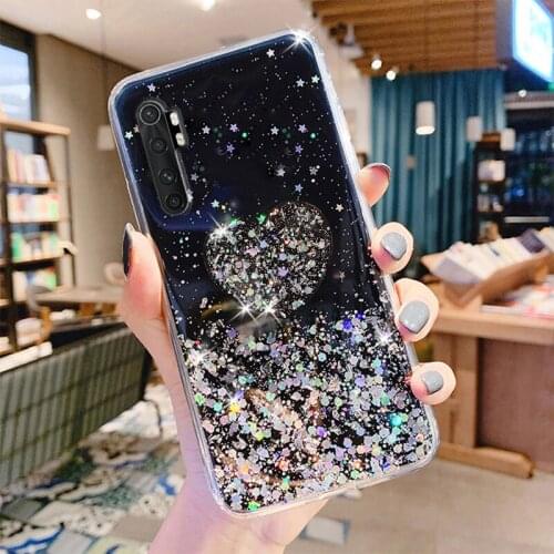 Phone Case For Xiaomi Mi Note 10 Lite Pro Cases Luxury Bling Glitter Heart Holder Cover Xiomi Mi Note 10 Pro Soft Silicone Cover