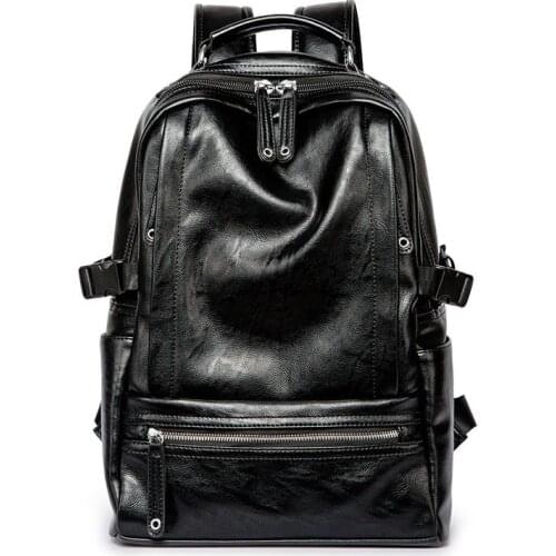 Black leather backpack PU soft leather Male Back pack Leisure Men Zipper 14-inch Laptop backpack Multi-pocket