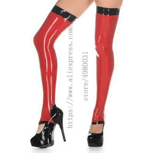 Novelty red latex long stockings men with black trims decorations and made of 0.4mm thickness natural latex materials