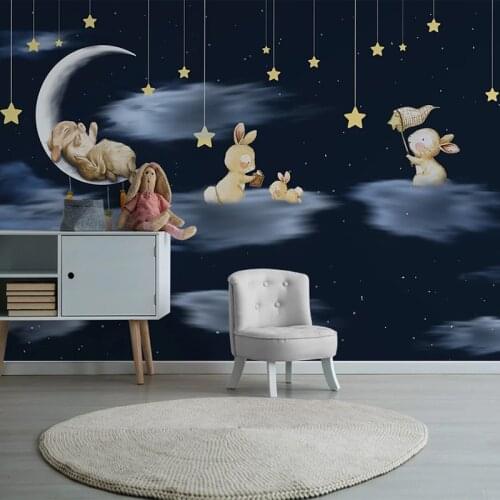 Custom Mural Mediterranean Style Cartoon Rabbit Moon Star Night Sky Children Room Boy Bedroom Decoration Wallpaper For Kids Room