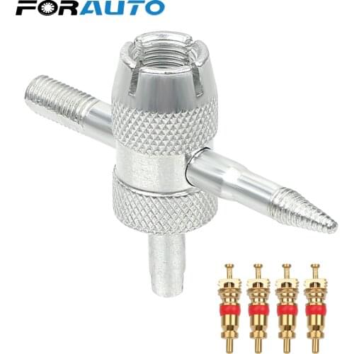 FORAUTO 4pcs 4 in 1 Tire Valve Stem Removal Tool Valve Stem Puller Copper Valve Core Car Tire Repair Tools Tyre Cleaning Tool