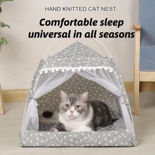 HiCoDo Pet Bed Cat Tent Portable Tepee Little Basket Sleep House New Style Cave Pink Grey with Fluffy Balls