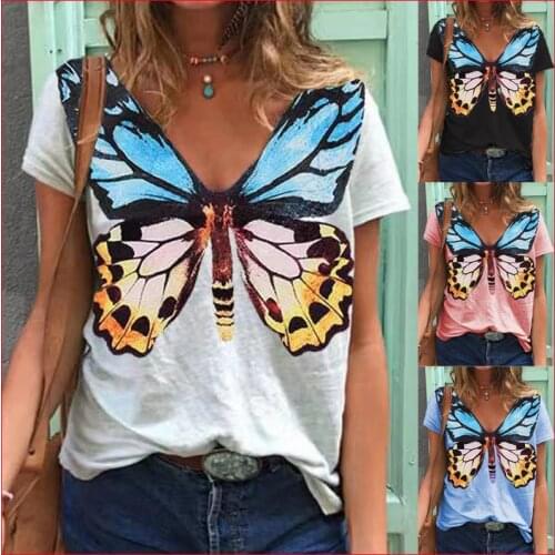 Summer Butterfly Print Tops Women Short Sleeve V-neck Loose Tshirts Casual Plus Size Tee Shirts Ladies Clothing Camisetas Mujer