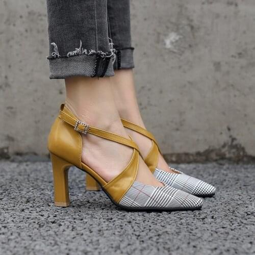 Summer womens shoes thick heels high heels Plaid Baotou cross large sandals small sandals 40 41 42