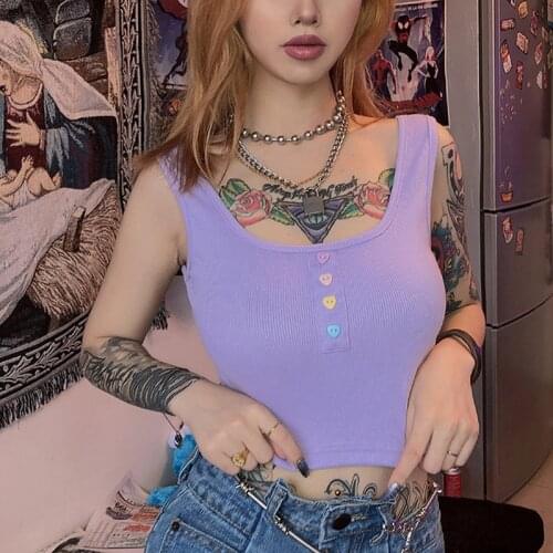 Sexy Button Tank Tops Fashion Womens Purple Vest Off Shoulder Halter Blusa Shirt 2021 Summer Slim Crop Top Camisole