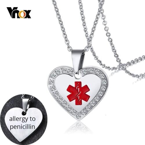 Vnox Personalize Medical Alert ID Crystal Pendant Heart Necklace Anti Allergy Stainless Steel Emergency Reminder Jewelry