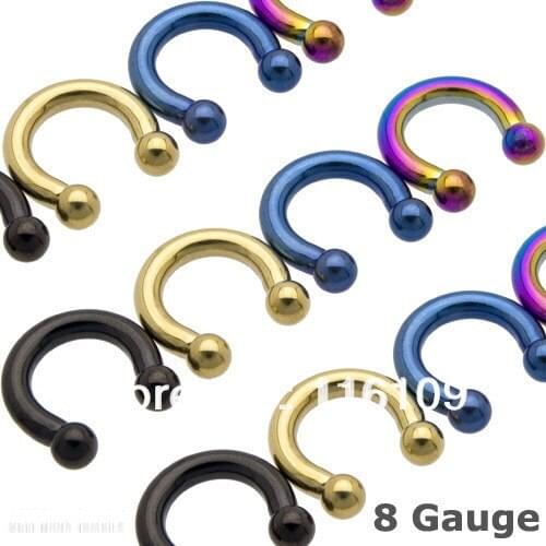Min. order $10) Heavy Gauge Titanium Anodized Steel Ball Horseshoe Circular 8 Gauge 3*13*5mm Mixed Colors Free Shipping