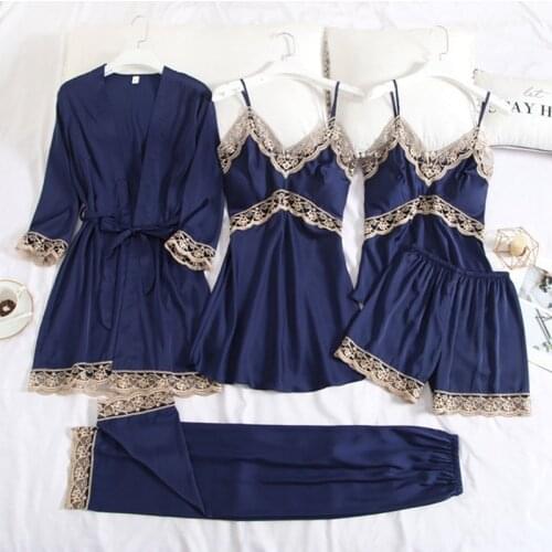 5PCS Women Pajamas Faux Silk Satin Sleepwear PJS Set Summer New Sling&Shorts Lace Sexy Robe Set Loungewear Lingerie With Pads