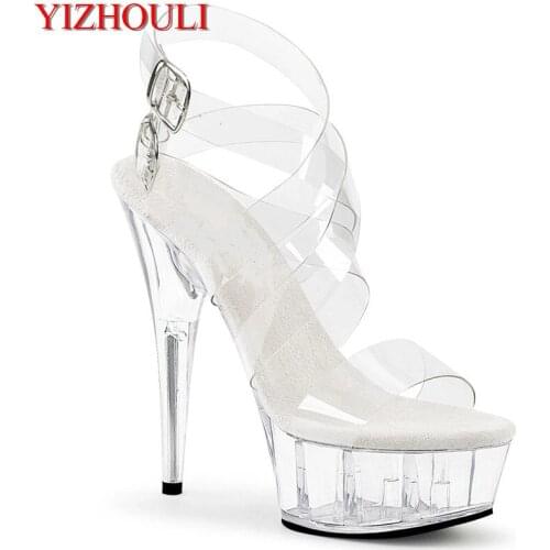 15 cm all-see-through high heels, nightclub pole dancing/show/model shoes, banquet wedding crystal sandals