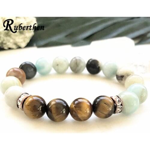 Ruberthen 10 MM Amazonite and Tiger Eye Stone Energy Bracelet Men`s Energy Power Bracelet Best Gift for Boyfriend