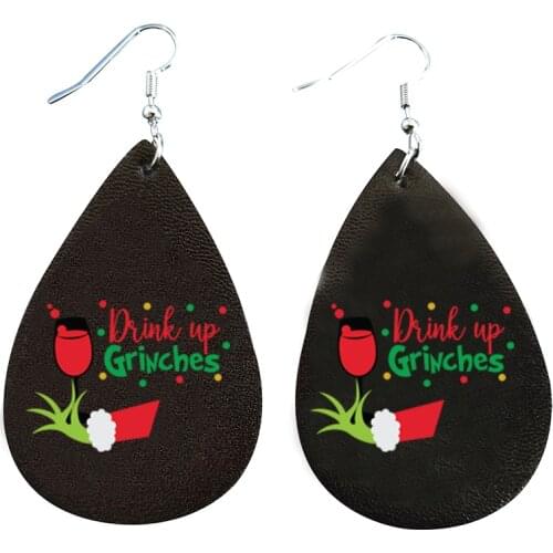 Earrings Drink Up Grinches Earrings Faux Leather Christmas Santa Gift Movie Characters wolesale
