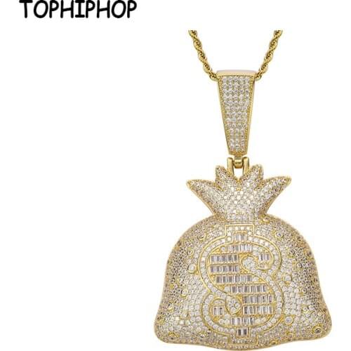 TOPHIPHOP Hip Hop Jewelry USD$ Money Bag Pendant Necklace Copper Micro-inlaid Zircon Real Gold Electroplating Mens Accessories