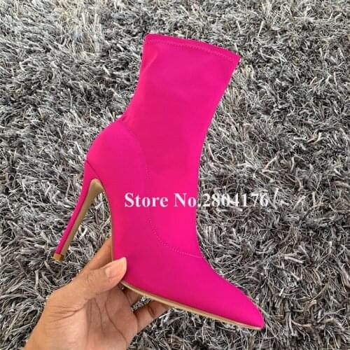 Women Classical Style Pointed Toe Stiletto Heel Short Boots Rose Red Blue Elastical Cloth High Heel Ankle Booties Dress Heels