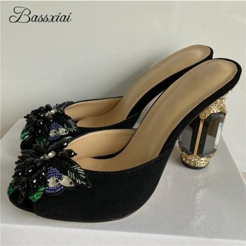 Bling Sequins Beading Flower Sandals Women Jeweled Rhinestone High Heels Luxury Suede Open Toes Slingbacks Party Shoes Woman