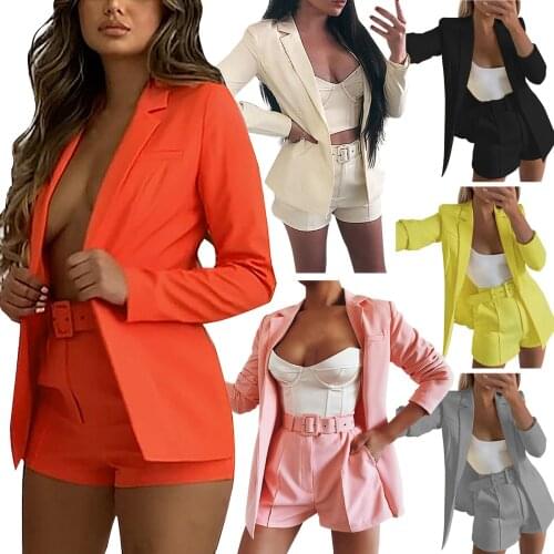 Women Jacket Blazer Suit Fashion Casual Ladies Solid Color Two Piece 2021 Summer Office Wear Elegant Suit Jacket Pants With Belt