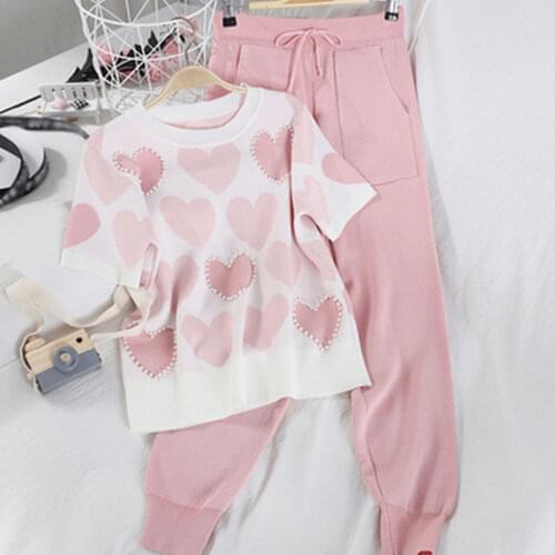 Womens Knitting Pants Set 2 Piece Sets Sweet Heart Shaped Beaded Long Sleeve Sweater Pullover&High Waist Lace Up Trousers Suits
