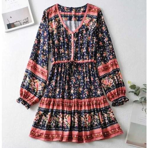 Women Hippie Floral Print V-neck Bohemian Mini Long Sleeve Dress Ladies Chic Boho Dresses Spring Autumn Dress