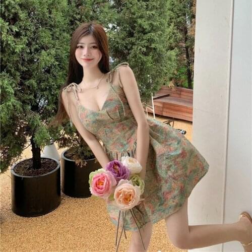 Japanese Vintage Halter Dress Women Floral Print Painting Backless High Waist Mini Dress Female Spaghetti Strap Dress Sundress