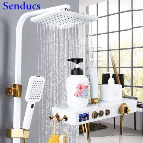 Gold Shower Set Senducs Quality Brass Bathroom Shower System Rainfall Thermostatic Black Shower Set Digital Shower Sprayer