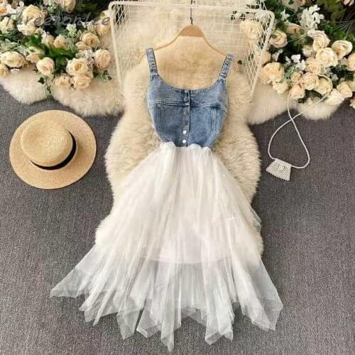 2021 Summer New Fashion Chic Women Denim Dress Sleeveless Asymmetrical Mesh Patchwork Female Party Korean Jeans Dress Vestidos