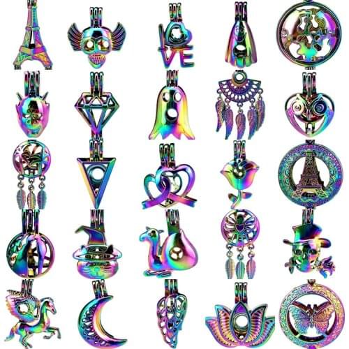 1X Rainbow Beads Cage Dream Catcher Tower Triangle Love Moon Lotus Locket Perfume Diffuser Oyster Pearl Cage for Pendant