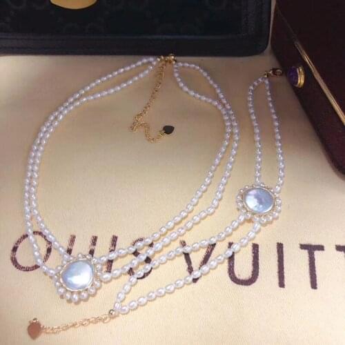 Free shipping hot sell natural real pearl necklace bracelet set two row handmade sunflower trendy jewelry wedding gift bridal