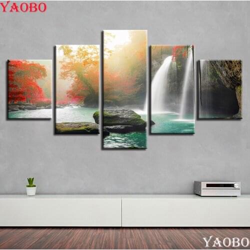 Diy 3d diamond embroidery 5pcs Waterfall Tree Natural Scenery full square round diamond painting picture of rhinestone mosaic