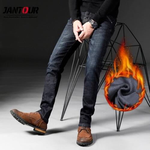 Jantour Brand Classic Mens Winter Jeans 2020 New Business Casual Black Blue Elastic Slim jean Fit Warm Denim Trousers Male